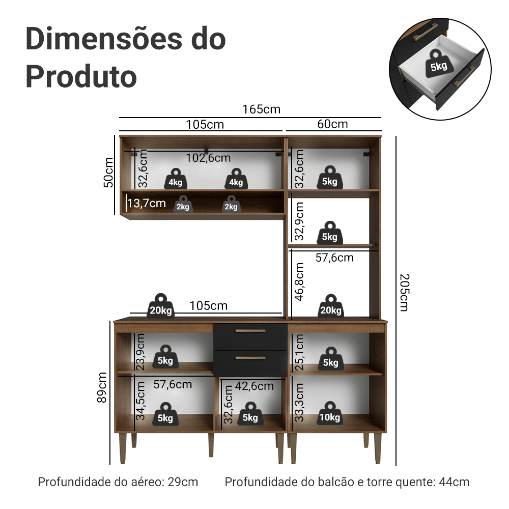 Armário de Cozinha Completa 165 cm Rustic/Preto Lille Madesa 01