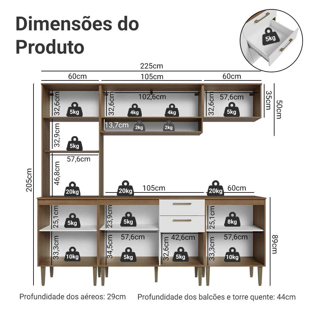 Armário de Cozinha Completa 225 cm Rustic/Branco Lille Madesa 01