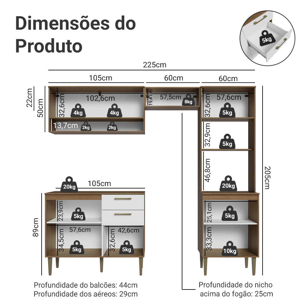 Armário de Cozinha Completa 225 cm Rustic/Branco Lille Madesa 02