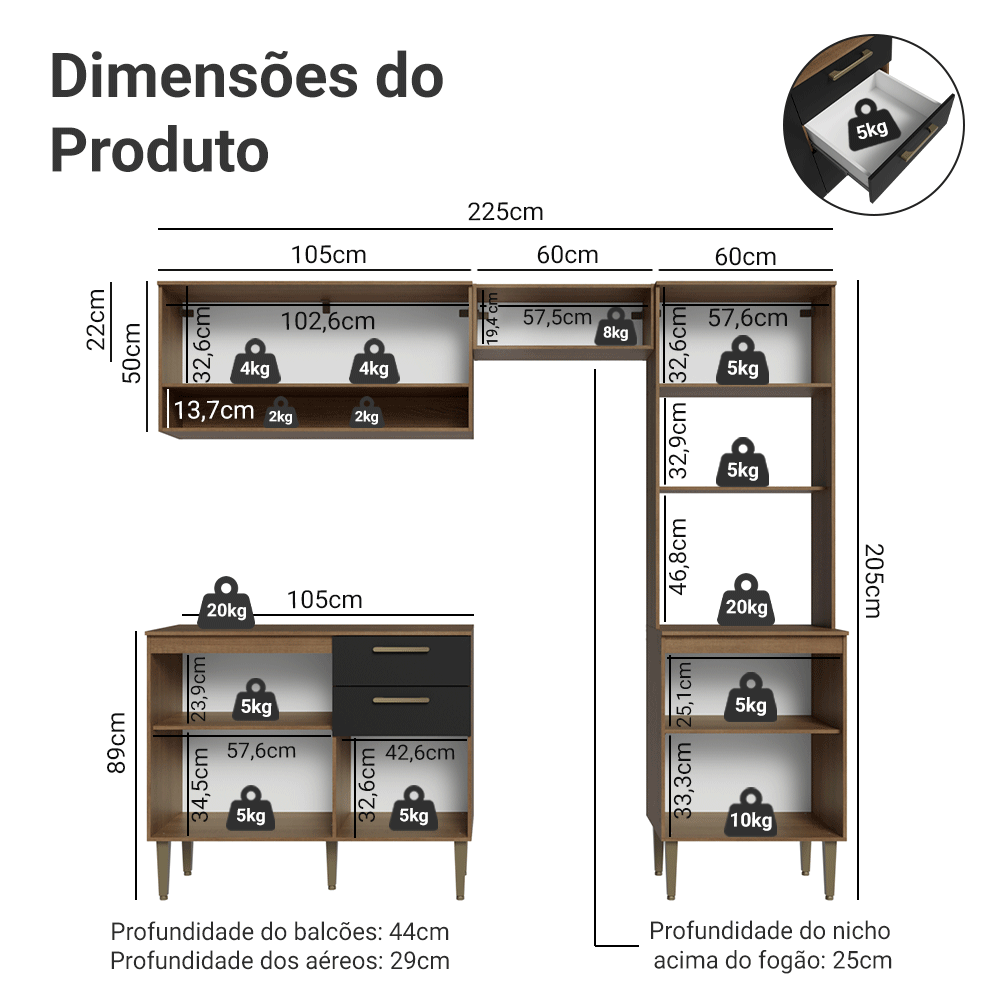 Armário de Cozinha Completa 225 cm Rustic/Preto Lille Madesa 02
