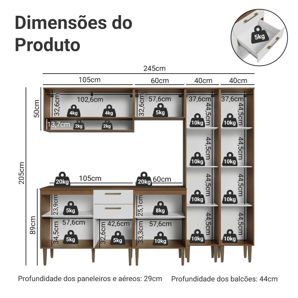 Armário de Cozinha Completa 245 cm Rustic/Branco Lille Madesa 01