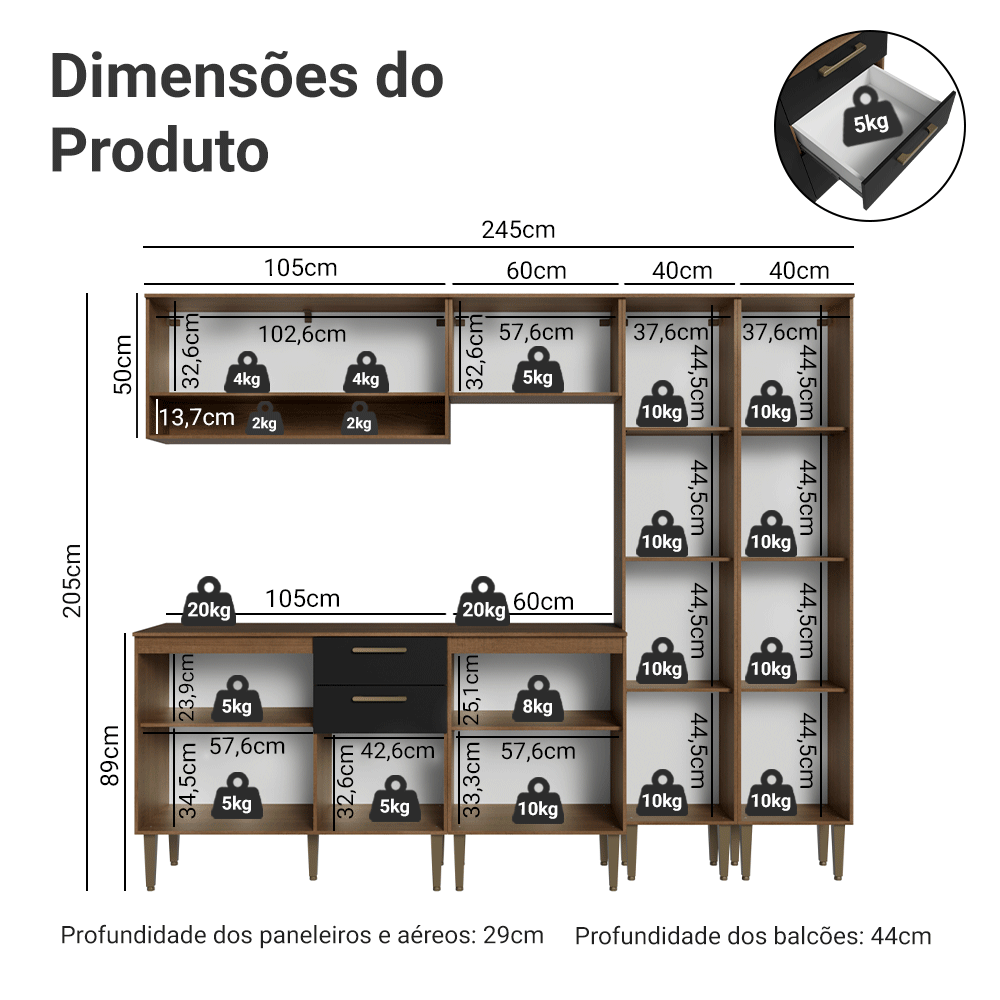 Armário de Cozinha Completa 245 cm Rustic/Preto Lille Madesa 01