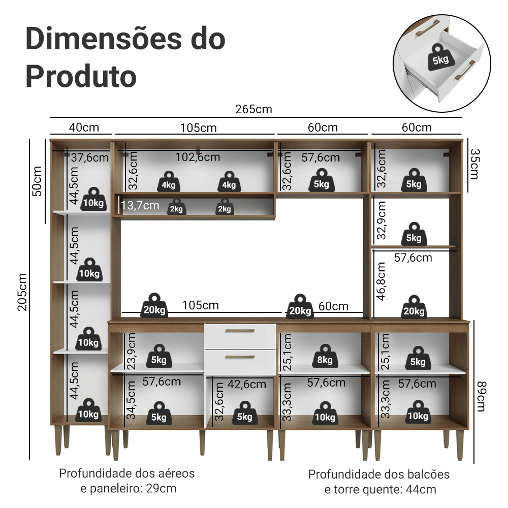 Armário de Cozinha Completa 265 cm Rustic/Branco Lille Madesa 01