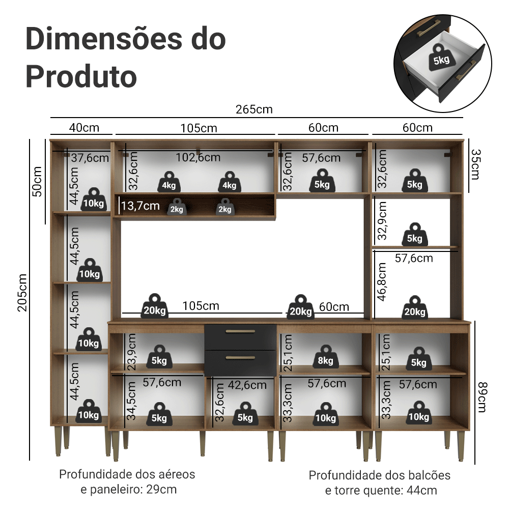 Armário de Cozinha Completa 265 cm Rustic/Preto Lille Madesa 01