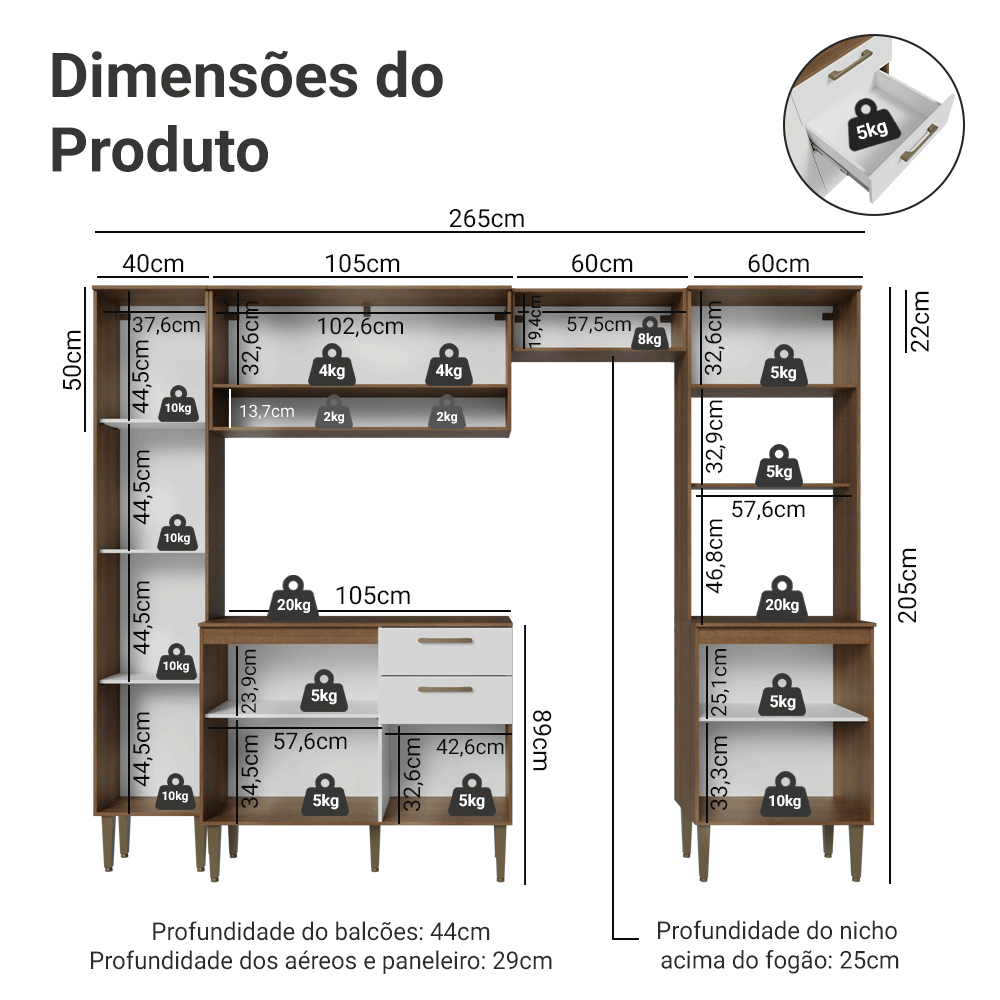 Armário de Cozinha Completa 265 cm Rustic/Branco Lille Madesa 02