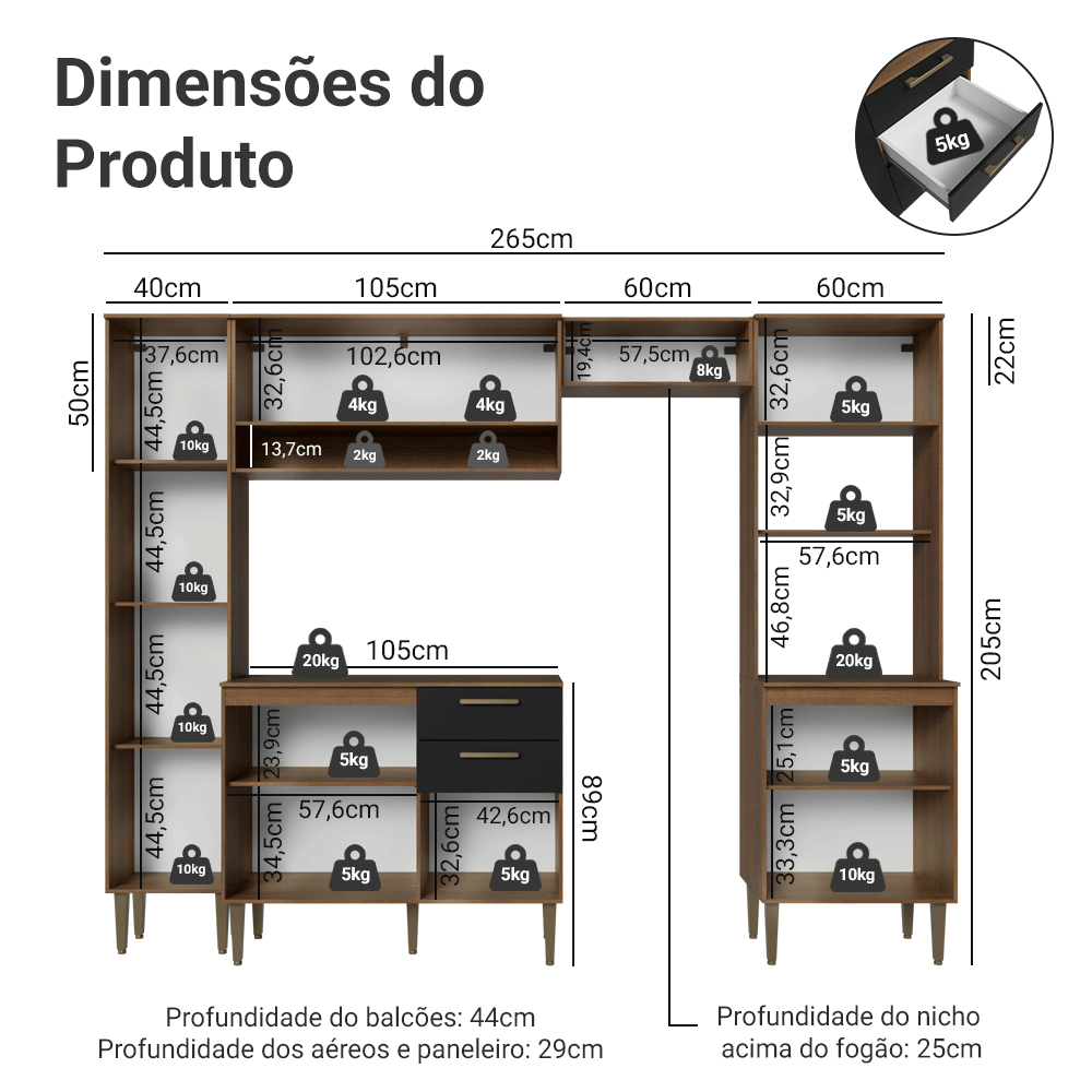 Armário de Cozinha Completa 265 cm Rustic/Preto Lille Madesa 02