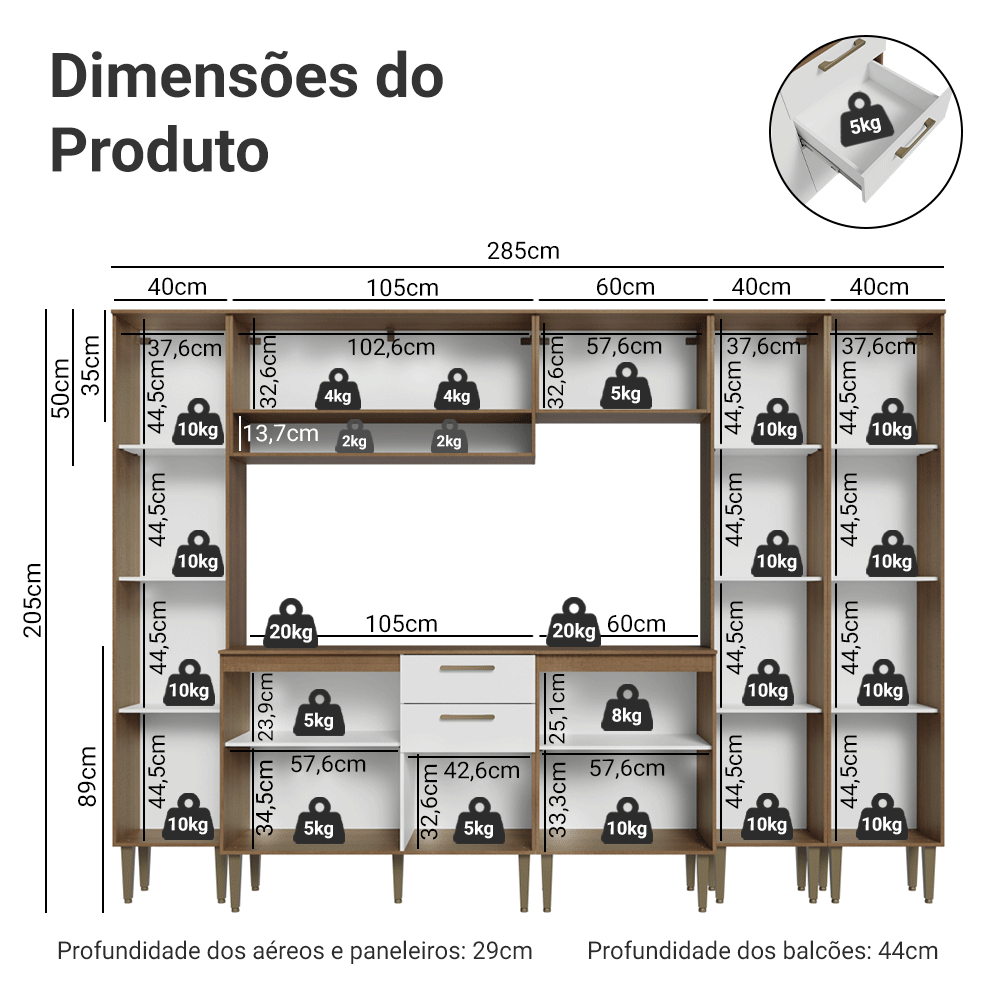 Armário de Cozinha Completa 285 cm Rustic/Branco Lille Madesa 01