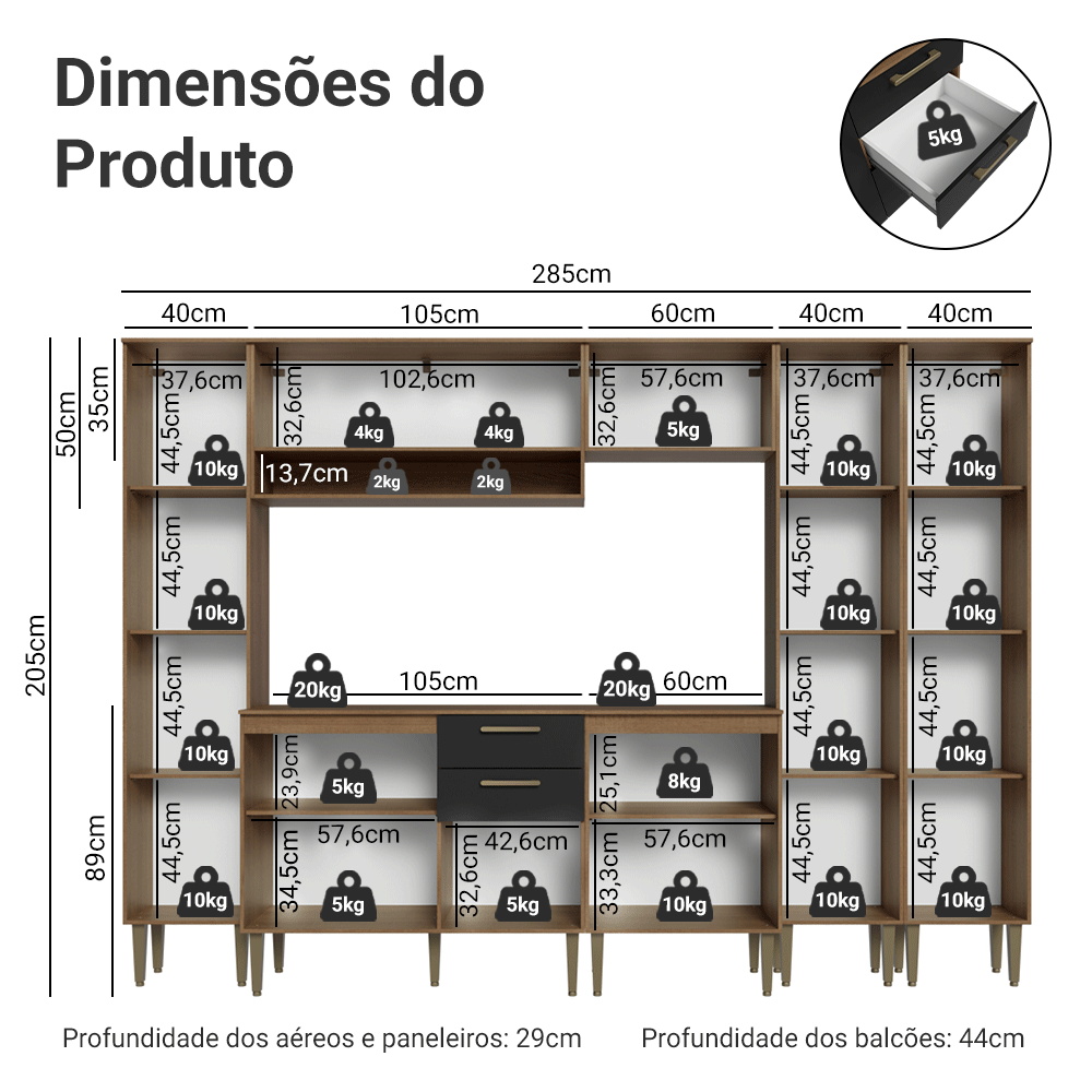 Armário de Cozinha Completa 285 cm Rustic/Preto Lille Madesa 01
