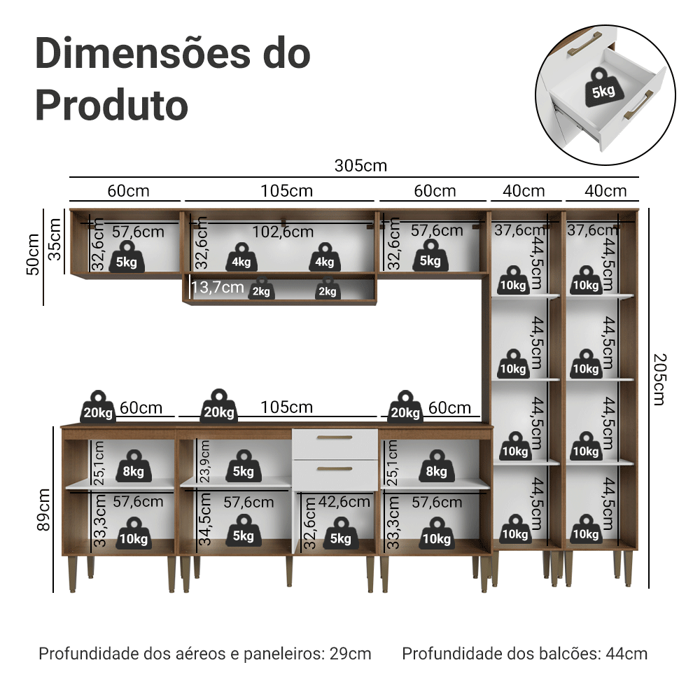 Armário de Cozinha Completa 305 cm Rustic/Branco Lille Madesa 01