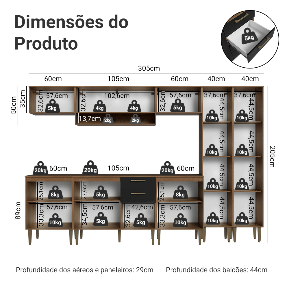 Armário de Cozinha Completa 305 cm Rustic/Preto Lille Madesa 01