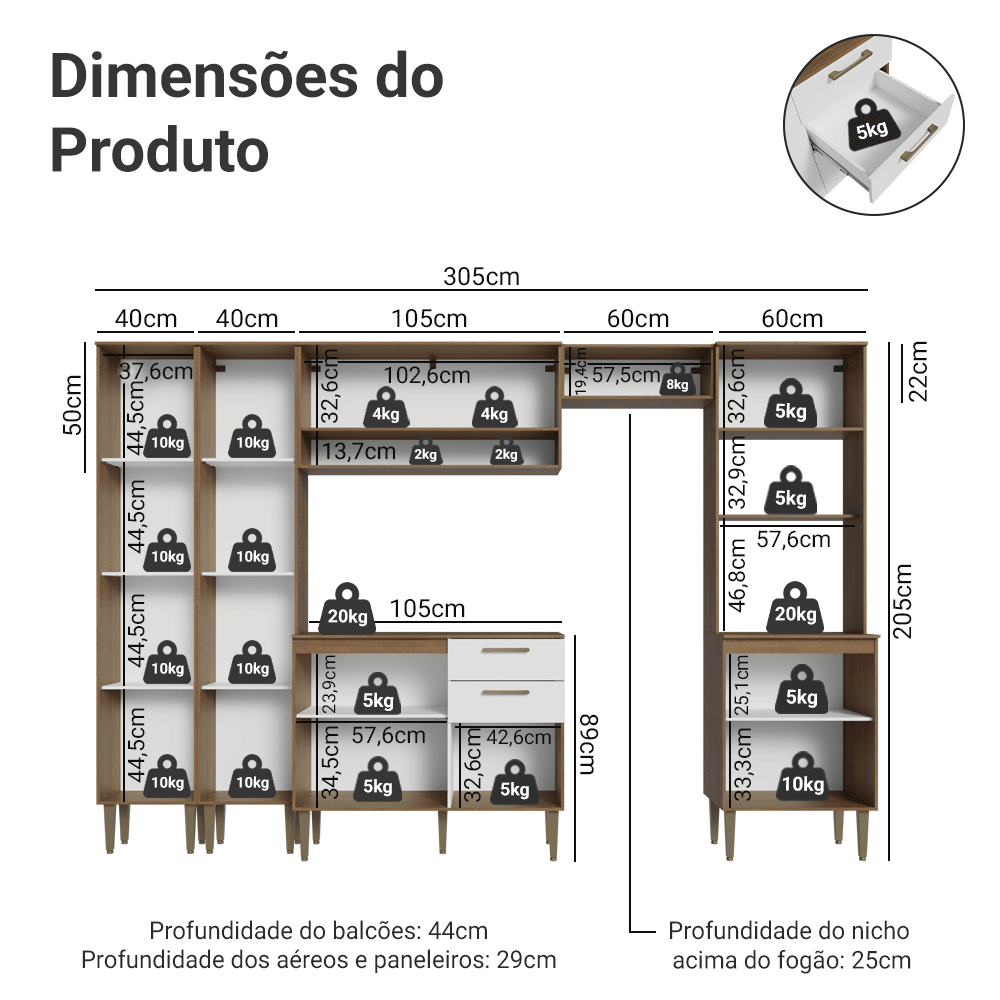 Armário de Cozinha Completa 305 cm Rustic/Branco Lille Madesa 02