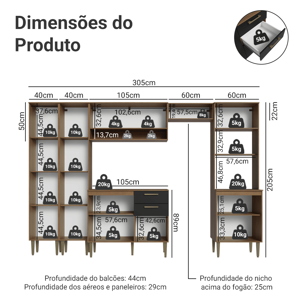 Armário de Cozinha Completa 305 cm Rustic/Preto Lille Madesa 02