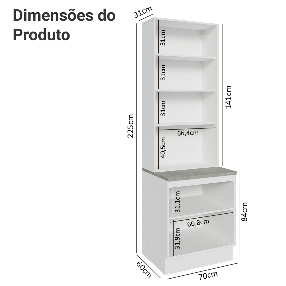 Kit Balcão + Cristaleira 70 x 60 cm Branco/Preto Lux Madesa 01