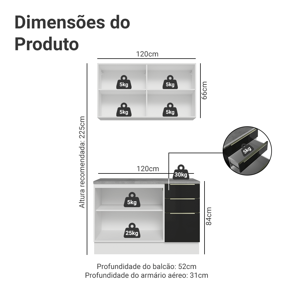 Armário de Cozinha Compacta 120 cm Branco/Preto Lux Madesa 01