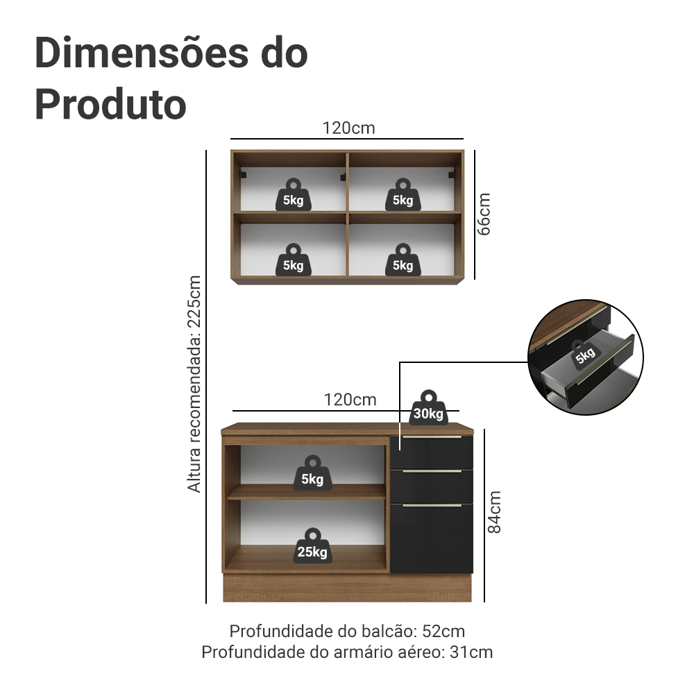 Armário de Cozinha Compacta 120 cm Rustic/Preto Lux Madesa 01