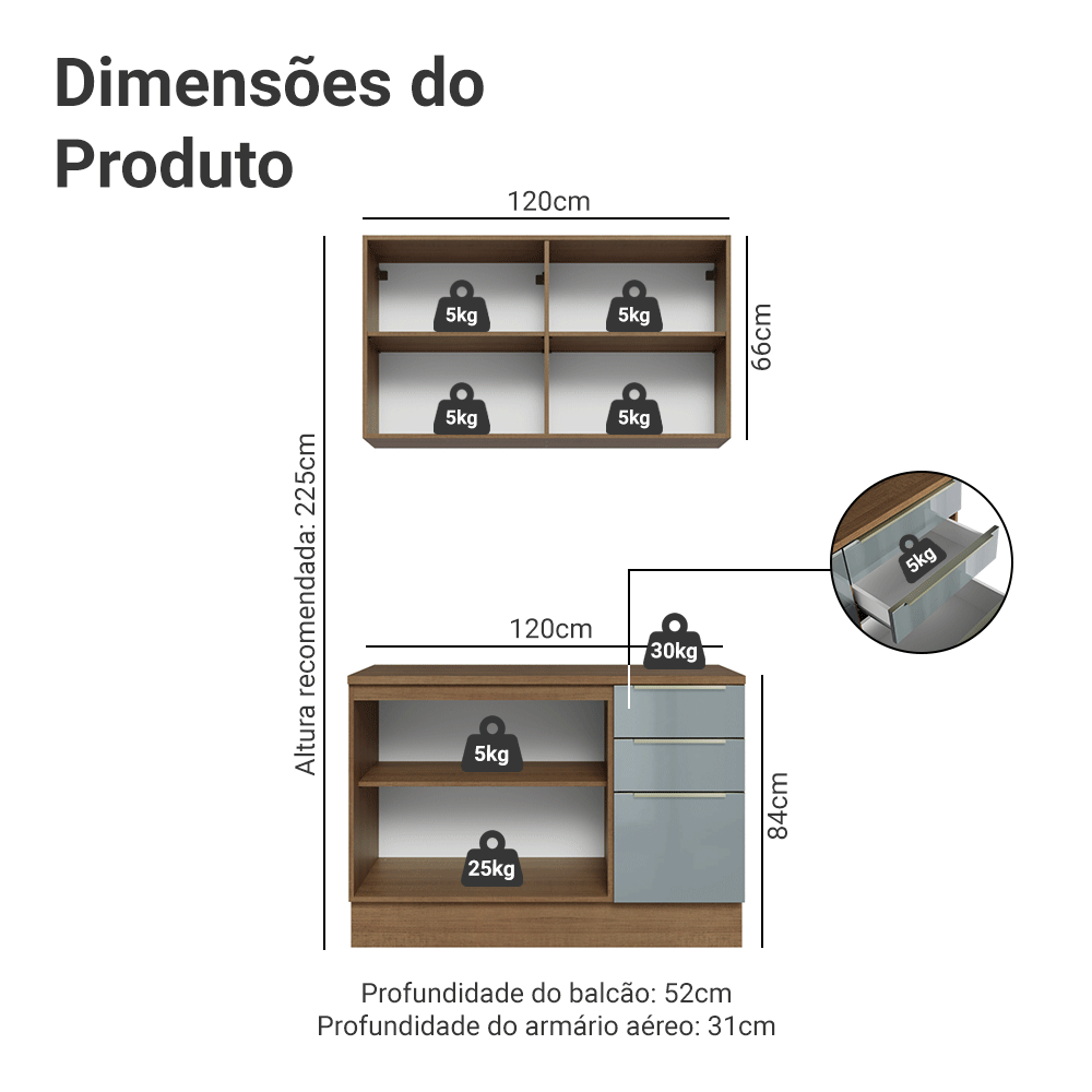 Armário de Cozinha Compacta 120 cm Rustic/Cinza Lux Madesa 01
