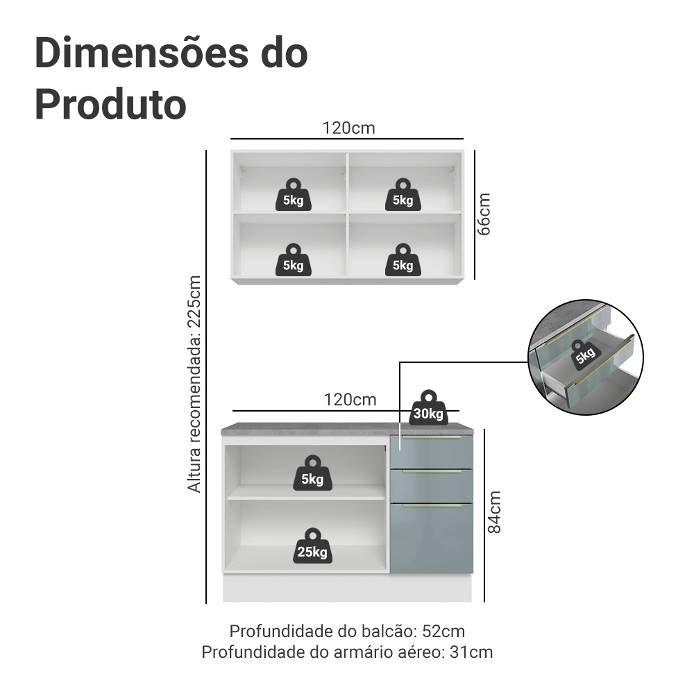 Armário de Cozinha Compacta 120 cm Branco/Cinza Lux Madesa 01