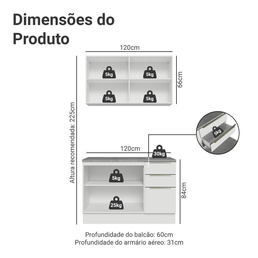 Armário de Cozinha Compacta 120 x 60 cm Branco/Branco Veludo Lux Madesa 02