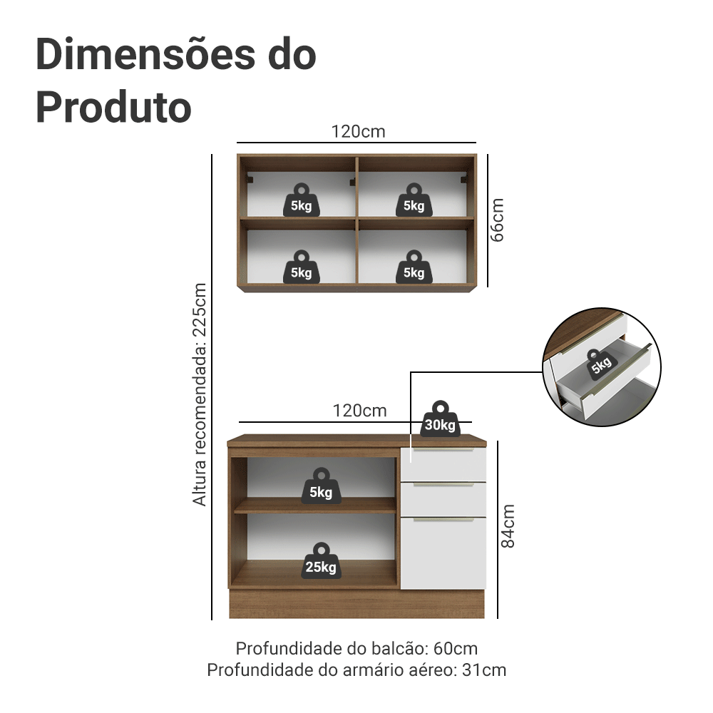 Armário de Cozinha Compacta 120 x 60 cm Rustic/Branco Veludo Lux Madesa 02