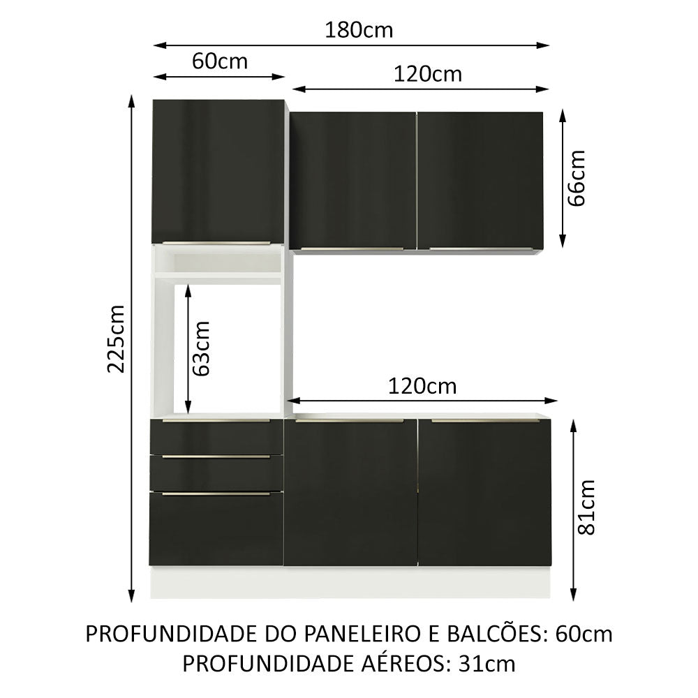 Armário de Cozinha Compacta 180 x 60 cm Branco/Preto Lux Madesa 01