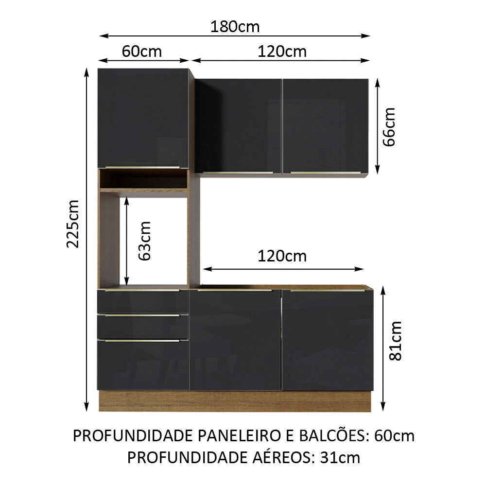 Armário de Cozinha Compacta 180 x 60 cm Rustic/Preto Lux Madesa 01
