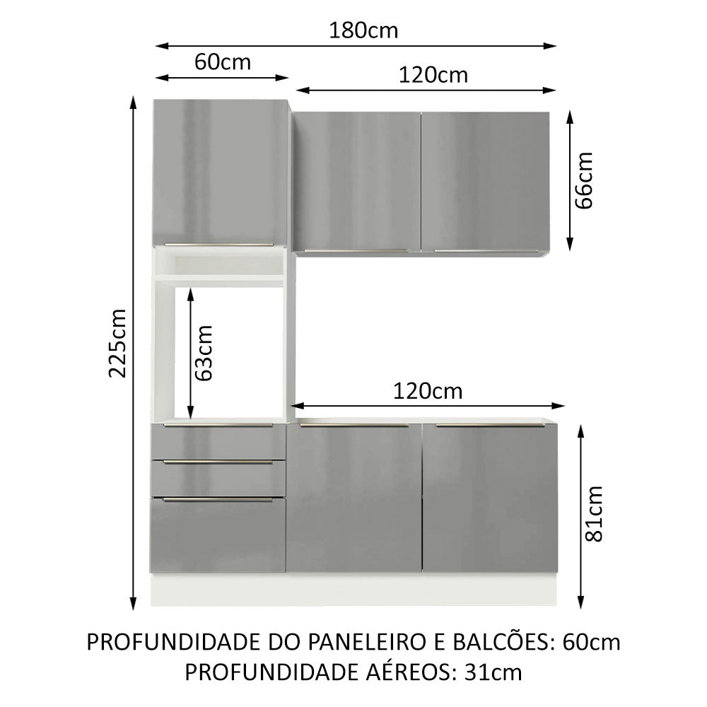 Armário de Cozinha Compacta 180 x 60 cm Branco/Cinza Lux Madesa 01