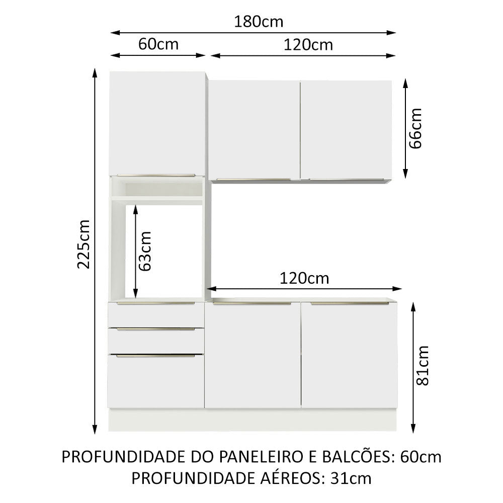 Armário de Cozinha Compacta 180 x 60 cm Branco/Branco Veludo Lux Madesa 01