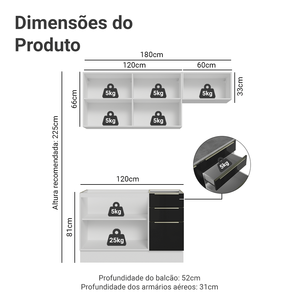 Armário de Cozinha Compacta 180 cm Branco/Preto Lux Madesa 02