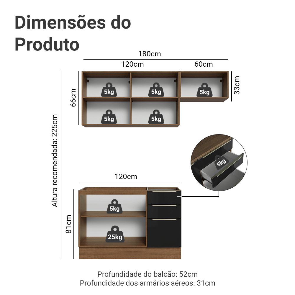Armário de Cozinha Compacta 180 cm Rustic/Preto Lux Madesa 02