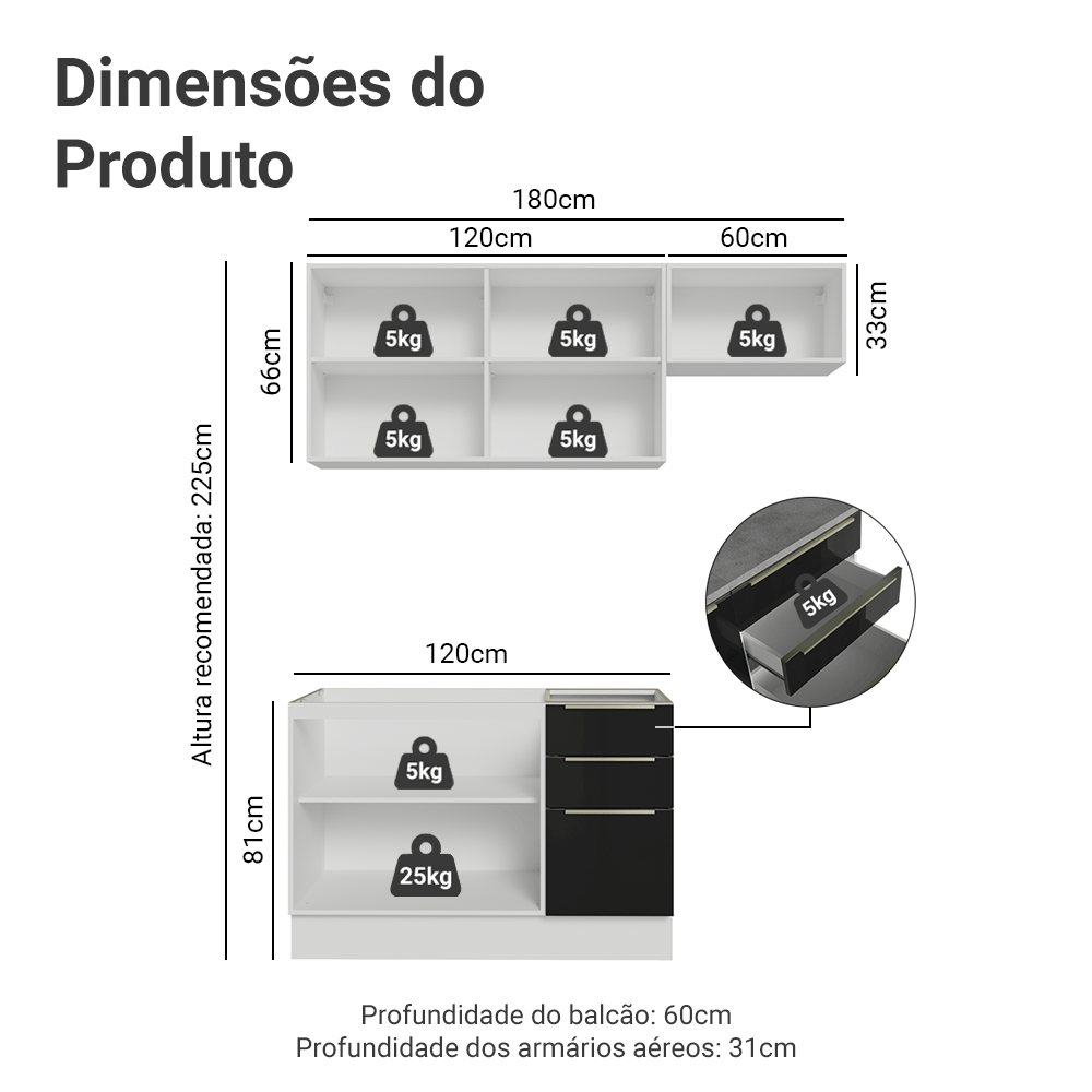 Armário de Cozinha Compacta 180 x 60 cm Branco/Preto Lux Madesa 03