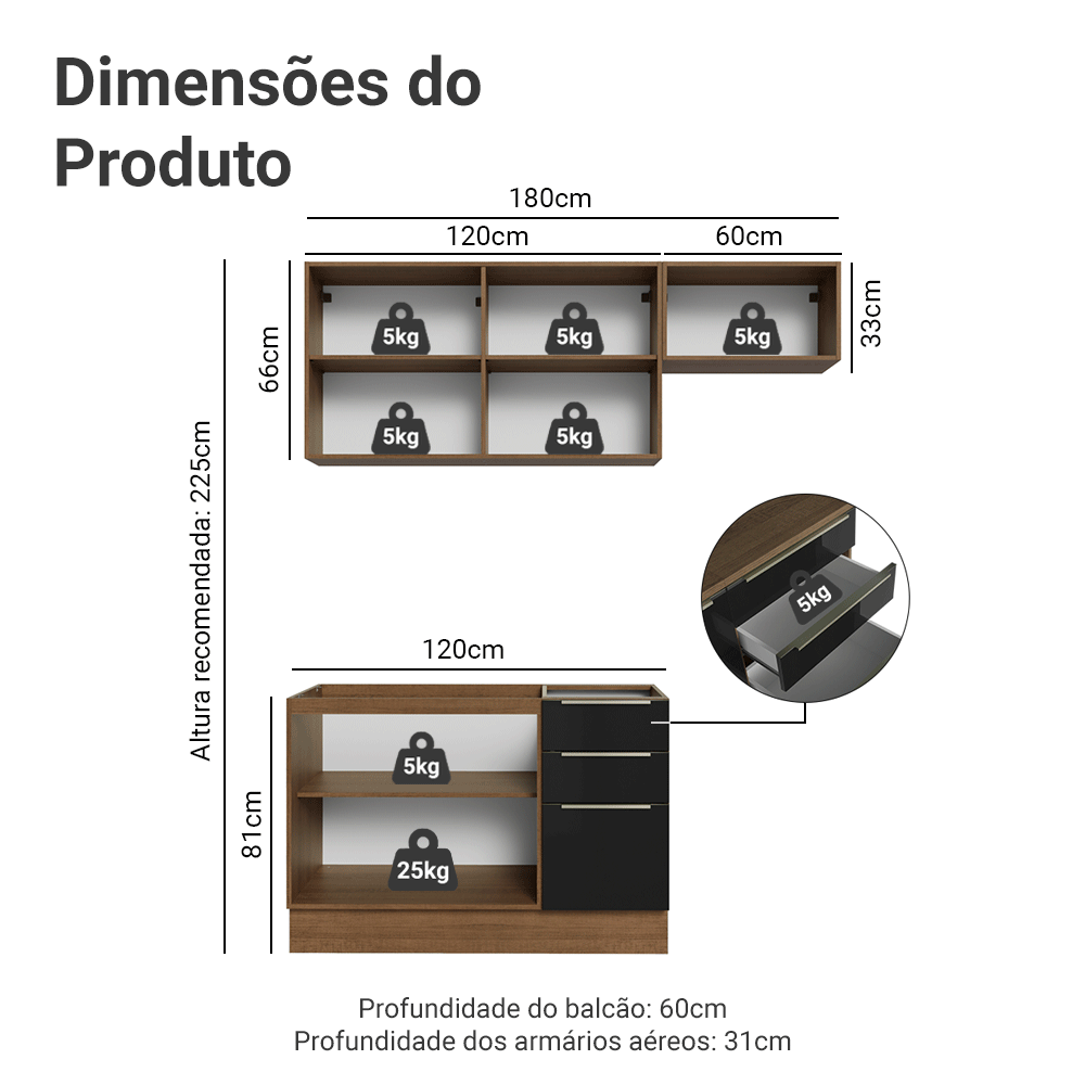 Armário de Cozinha Compacta 180 x 60 cm Rustic/Preto Lux Madesa 03