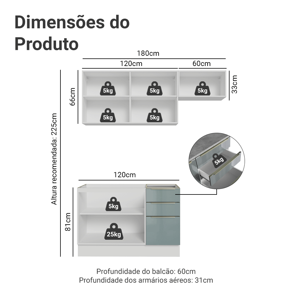 Armário de Cozinha Compacta 180 cm Branco/Cinza Lux Madesa 03