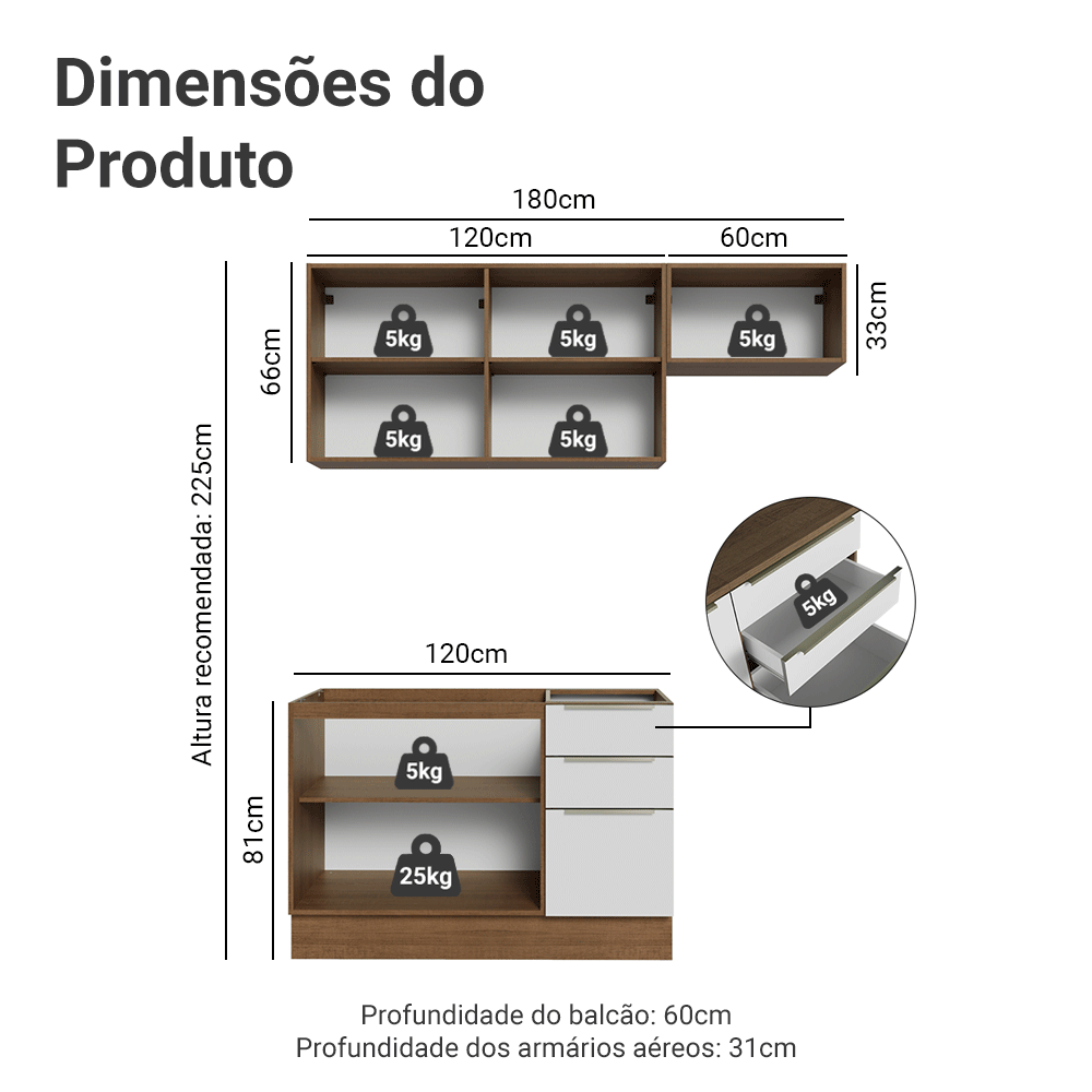 Armário de Cozinha Compacta 180 x 60 cm Rustic/Branco Veludo Lux Madesa 03