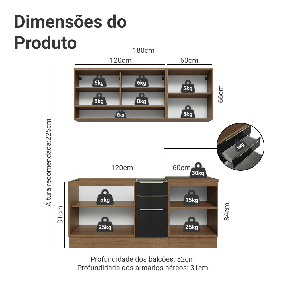Armário de Cozinha Compacta 180 cm Rustic/Preto Lux Madesa 04