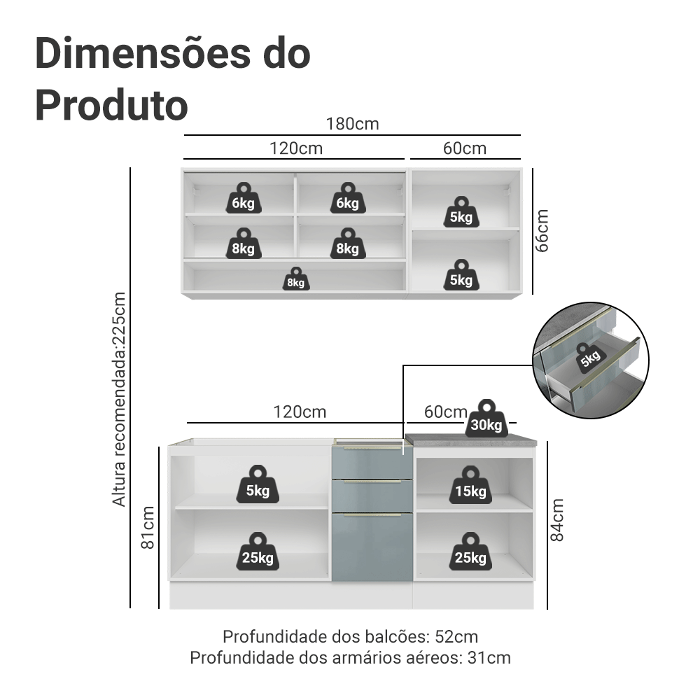 Armário de Cozinha Compacta 180 cm Branco/Cinza Lux Madesa 04