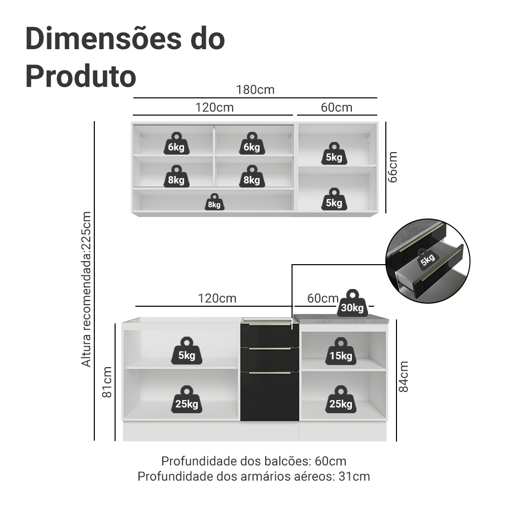 Armário de Cozinha Compacta 180 x 60 cm Branco/Preto Lux Madesa 05