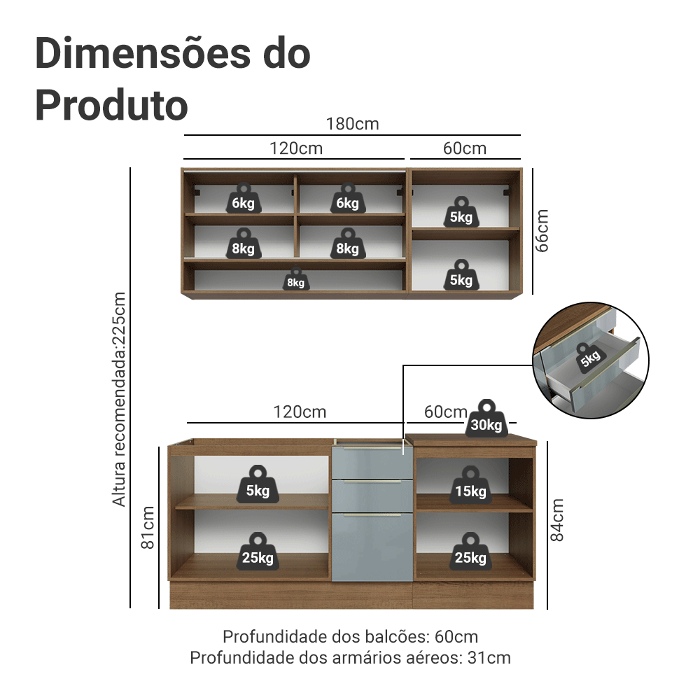 Armário de Cozinha Compacta 180 x 60 cm Rustic/Cinza Lux Madesa 05