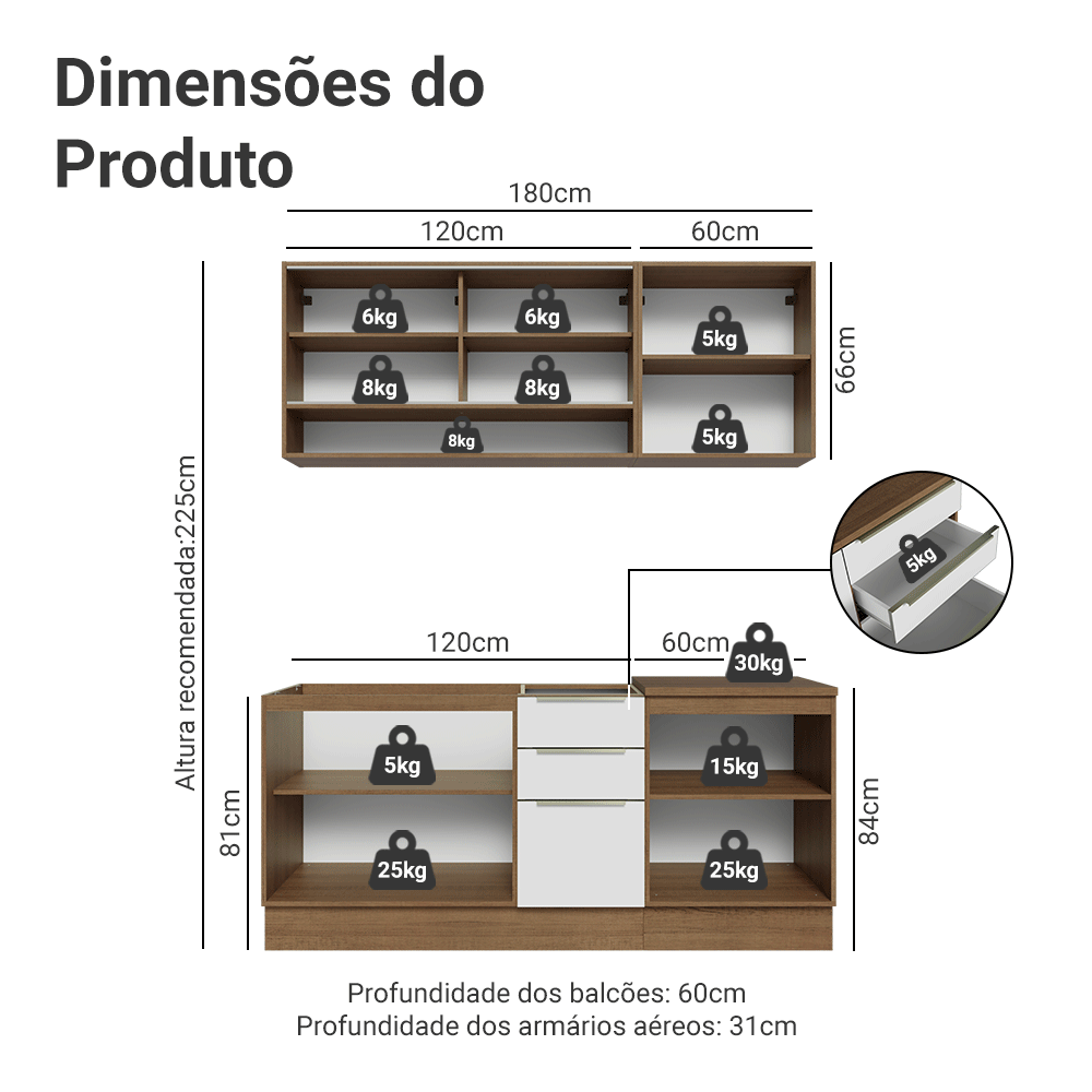 Armário de Cozinha Compacta 180 x 60 cm Rustic/Branco Veludo Lux Madesa 05
