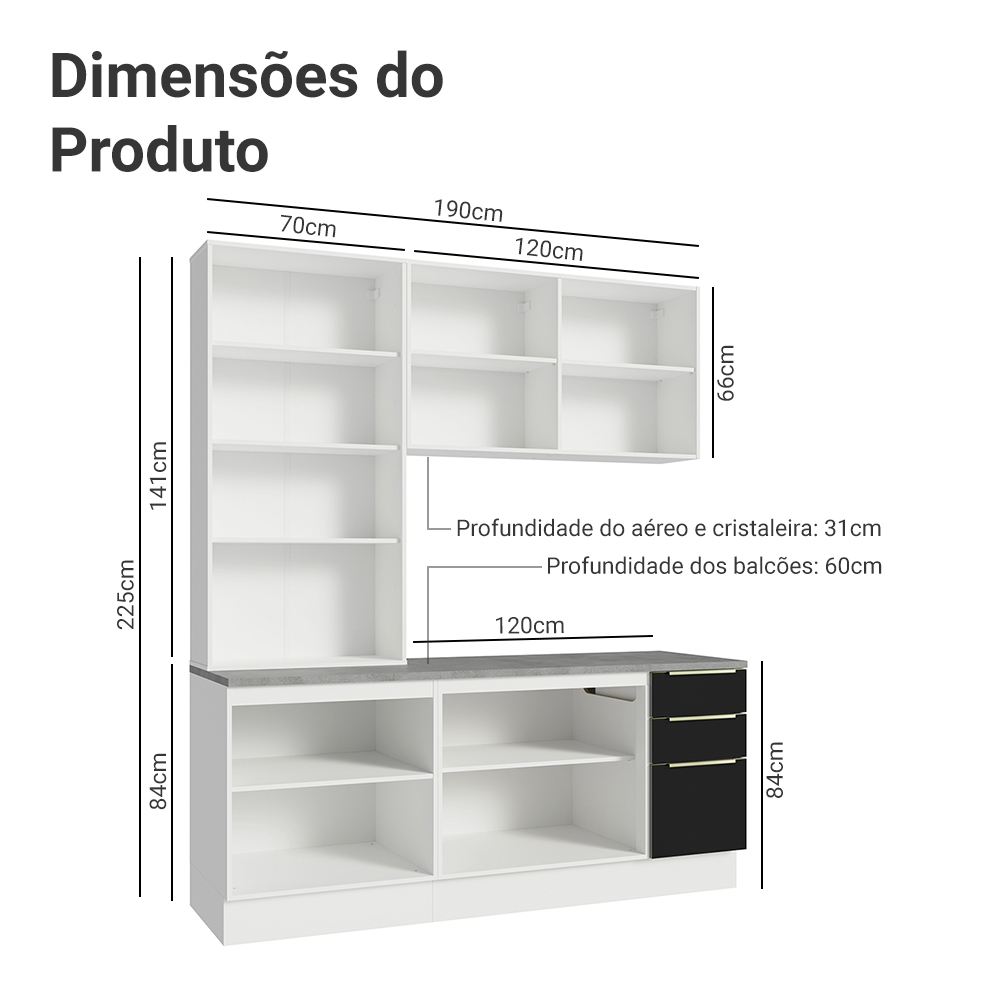 Armário de Cozinha Compacta 190 x 60 cm Branco/Preto Lux Madesa 02
