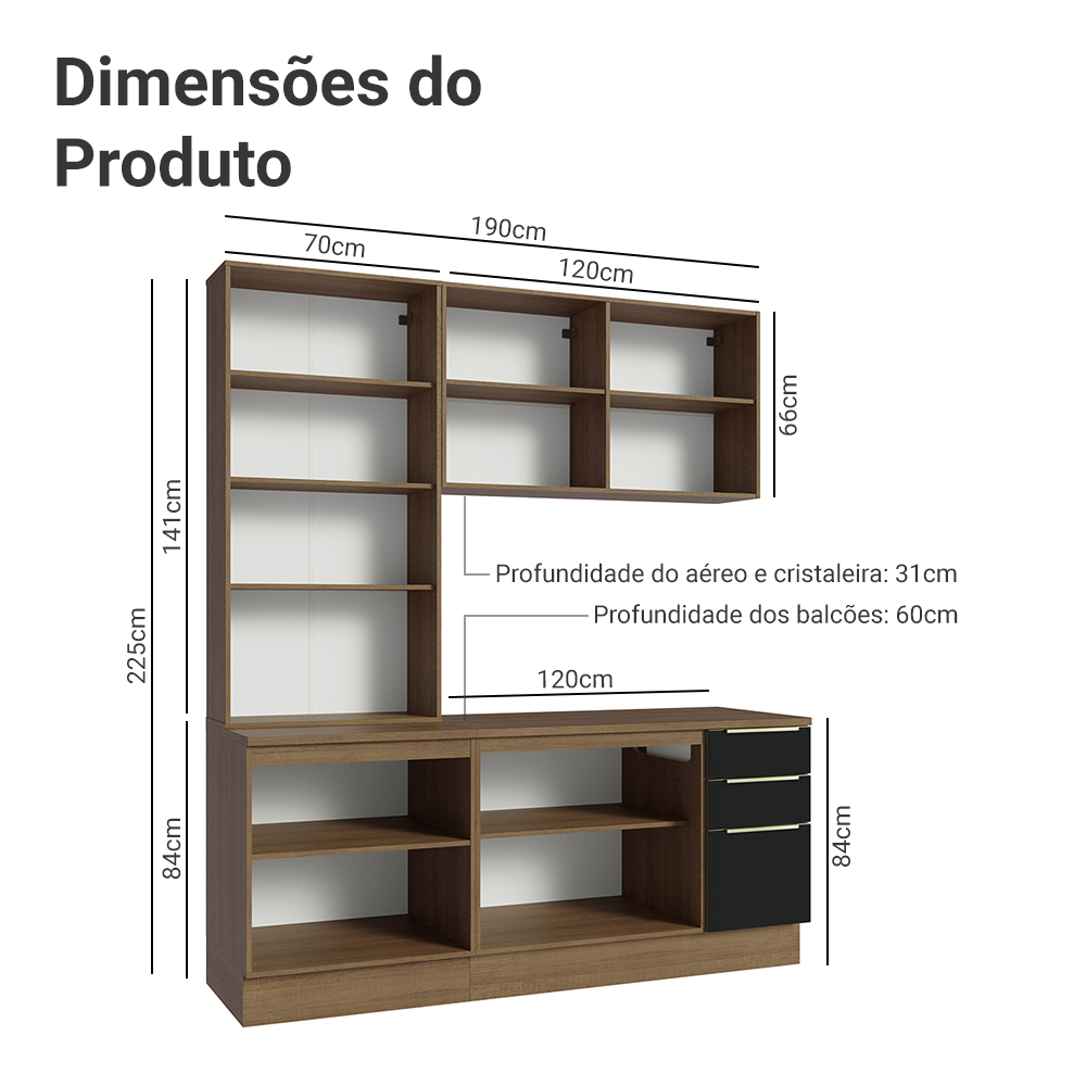Armário de Cozinha Compacta 190 x 60 cm Rustic/Preto Lux Madesa 02
