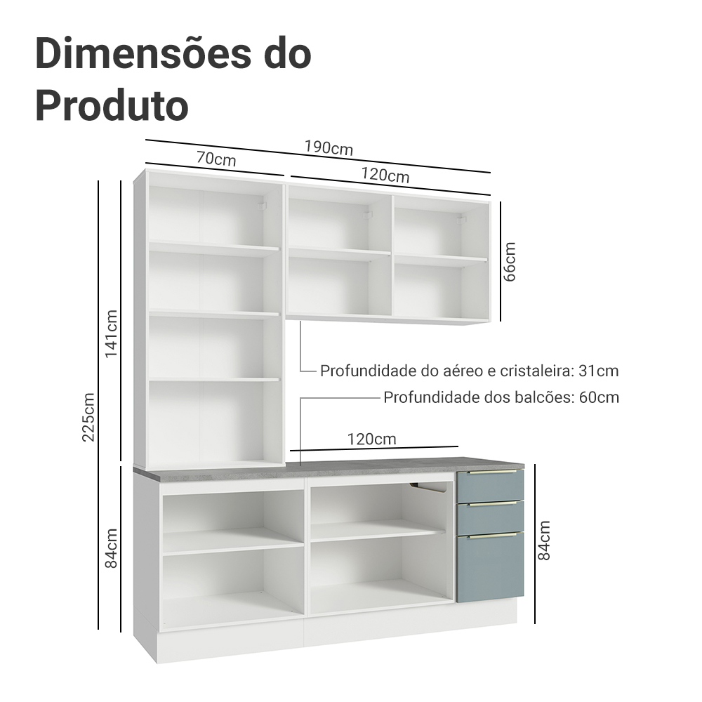Armário de Cozinha Compacta 190 x 60 cm Branco/Cinza Lux Madesa 02