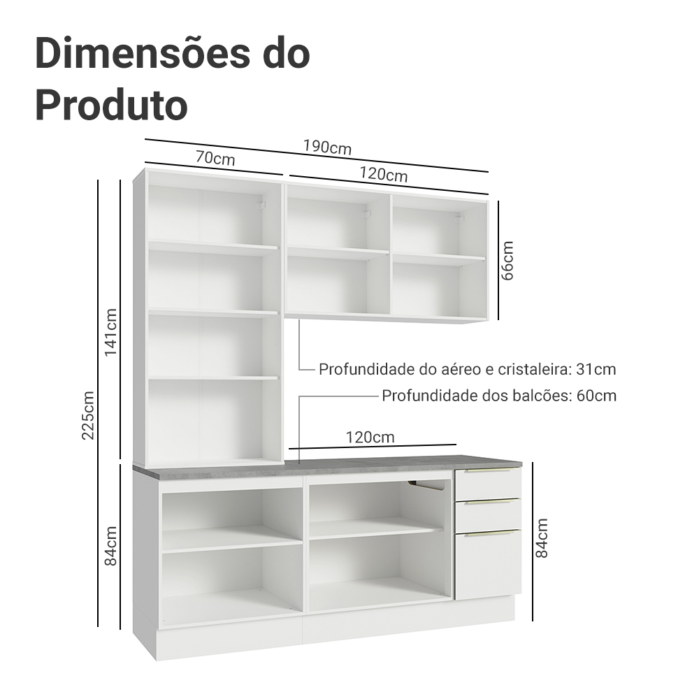 Armário de Cozinha Compacta 190 x 60 cm Branco Veludo Lux Madesa 02