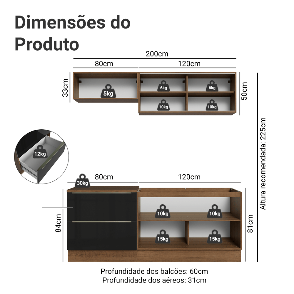 Armário de Cozinha Compacta 200 x 60 cm Rustic/Preto Lux Madesa 01