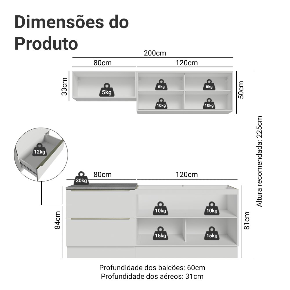 Armário de Cozinha Compacta 200 x 60 cm Branco Branco Veludo Lux Madesa 01