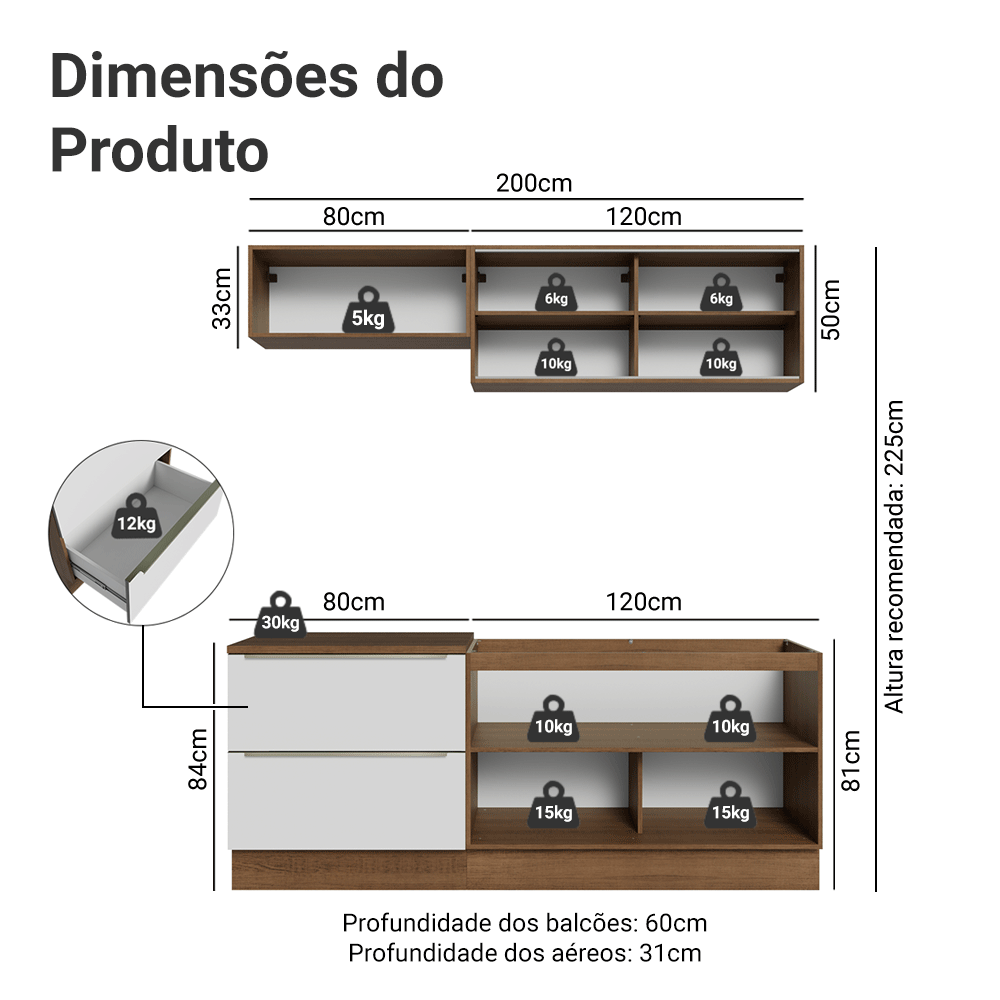 Armário de Cozinha Compacta 200 x 60 cm Rustic Branco Veludo Lux Madesa 01