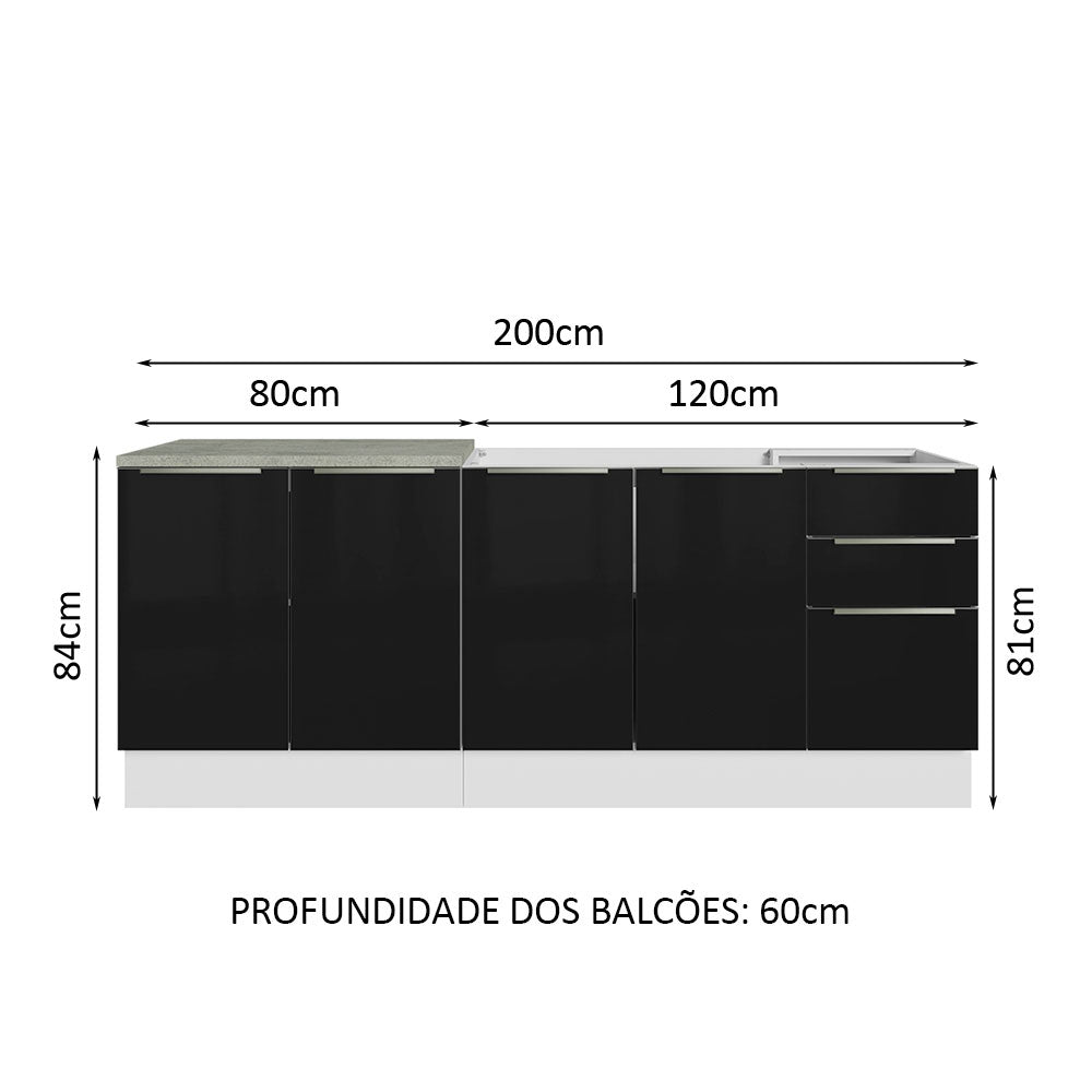 Kit com 2 Balcões de Cozinha 4 Portas 3 Gavetas 200 x 60 cm (Sem Tampo e Pia) Branco/Preto Lux Madesa