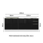 Kit com 2 Balcões de Cozinha 4 Portas 3 Gavetas 200 x 60 cm (Sem Tampo e Pia) Branco/Preto Lux Madesa