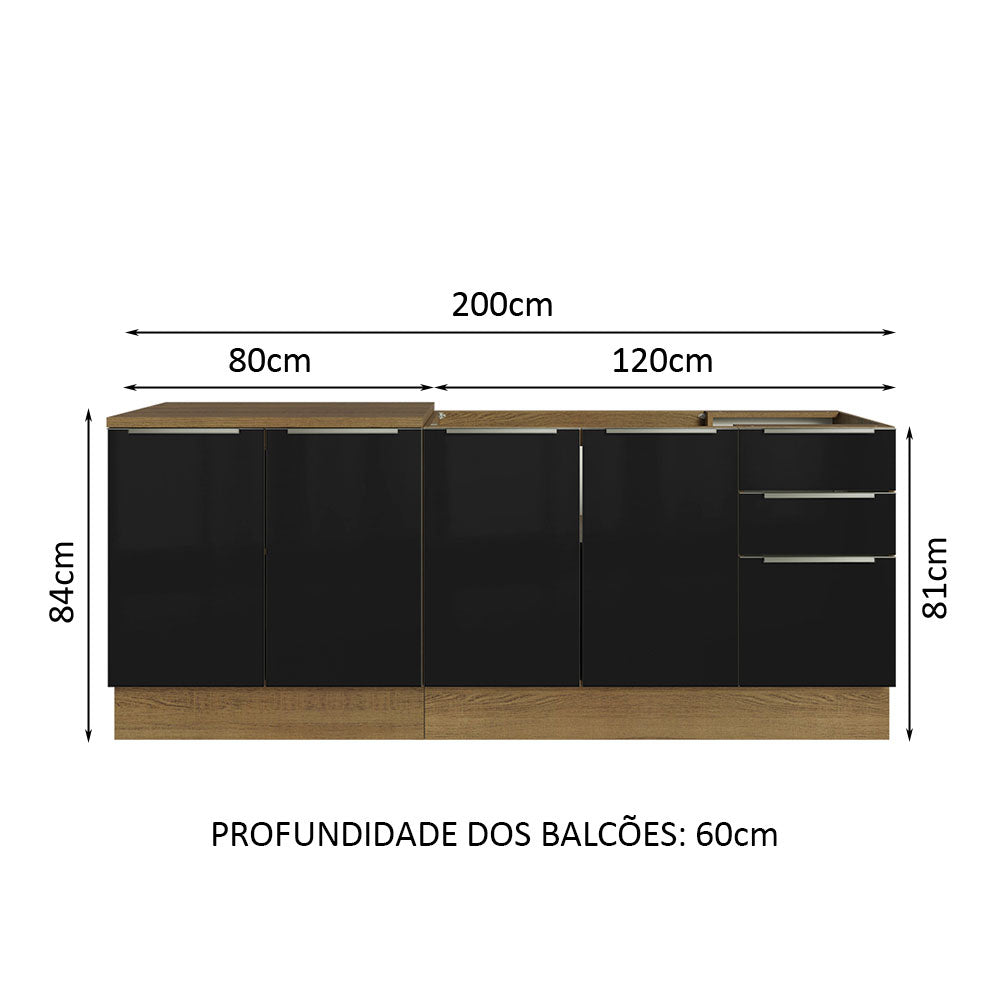 Kit com 2 Balcões de Cozinha Madesa Lux 4 Portas 3 Gavetas (Sem Tampo e Pia) Rustic/Preto