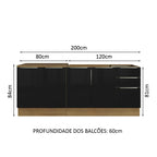 Kit com 2 Balcões de Cozinha Madesa Lux 4 Portas 3 Gavetas (Sem Tampo e Pia) Rustic/Preto