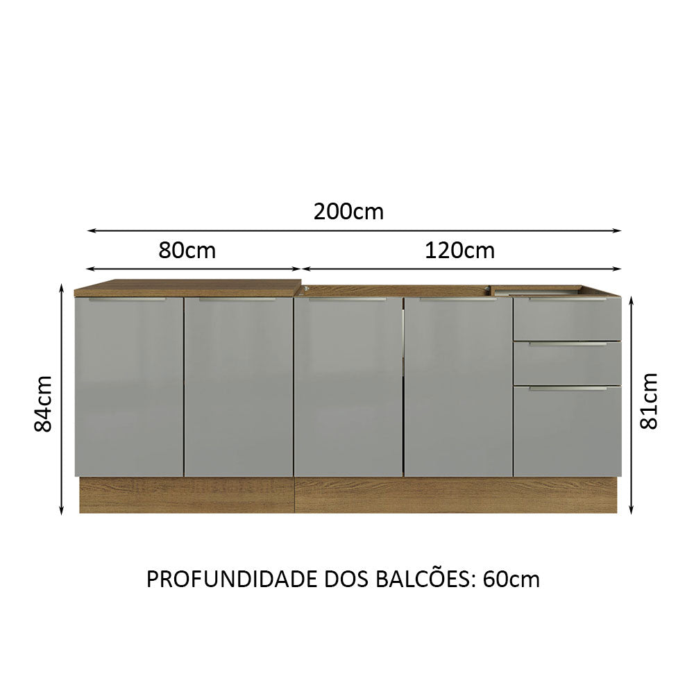 Kit com 2 Balcões de Cozinha Madesa Lux 4 Portas 3 Gavetas (Sem Tampo e Pia) Rustic/Cinza